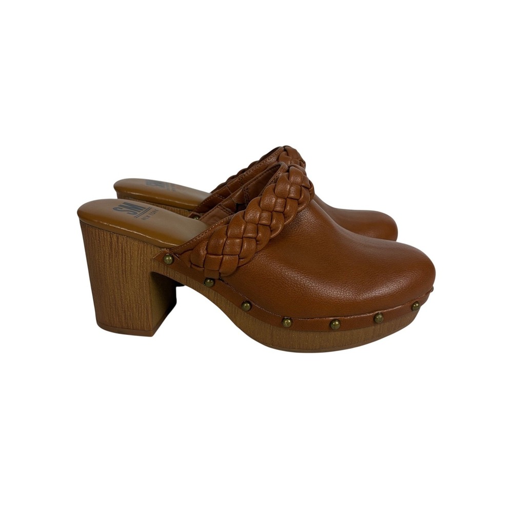 SM New York Zara Cognac Brown Braided Studded Platform Clogs Mules Heels Size 9